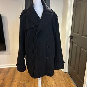 PERRY ELLIS Sz XXL Wool Dark Gray Elbow Patch Hidden Pocket Plaid Lined Peacoat